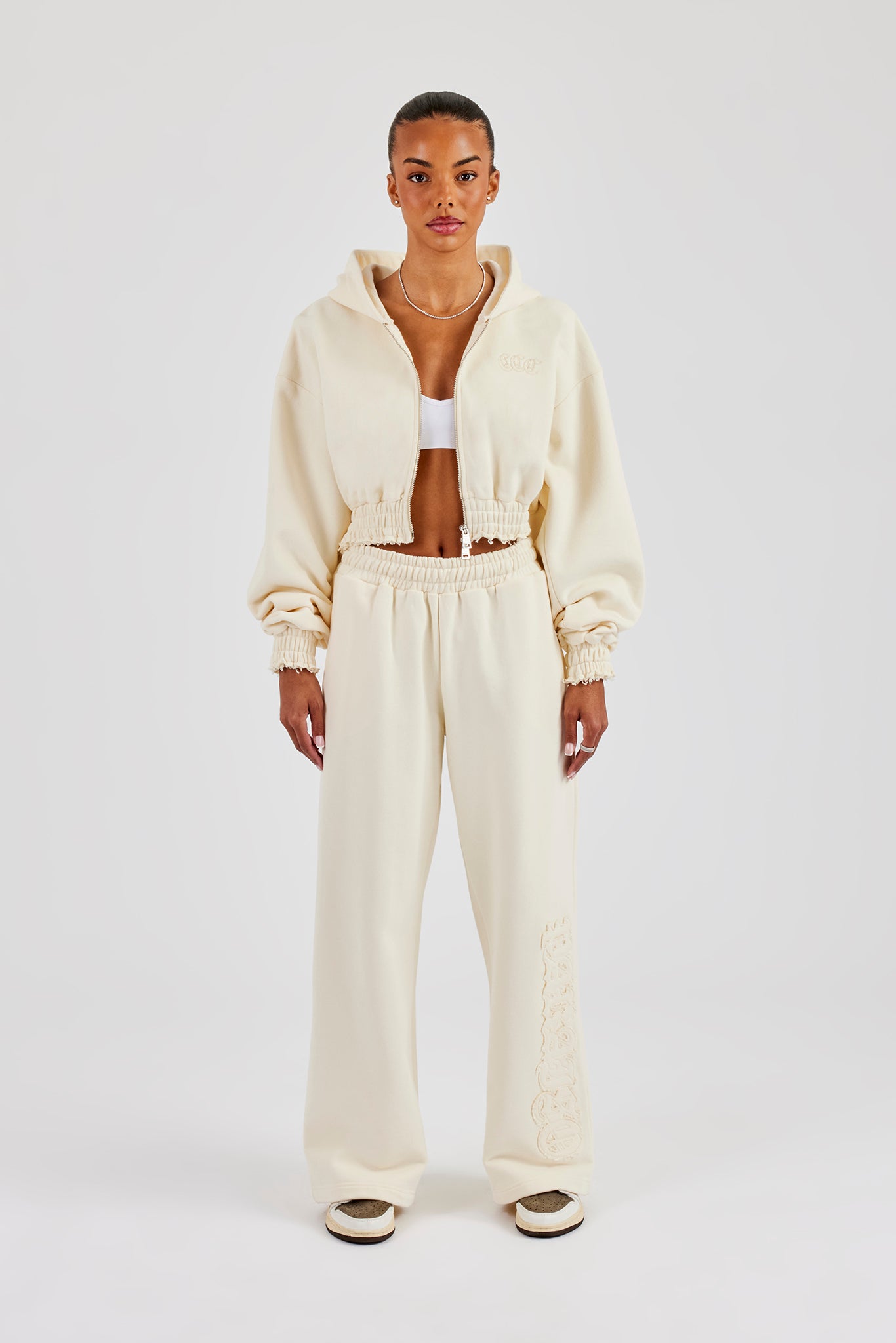 Distressed Applique Cropped Tracksuit - Butter Yellow